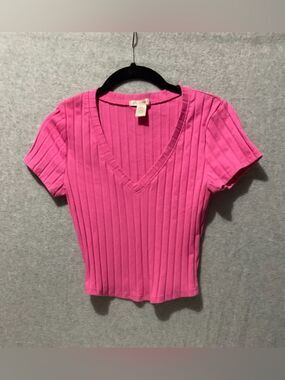 Bozzolo Youth Girls Medium Pink Ribbed V-Neck Short Sleeve Baby Tee Y2K Top